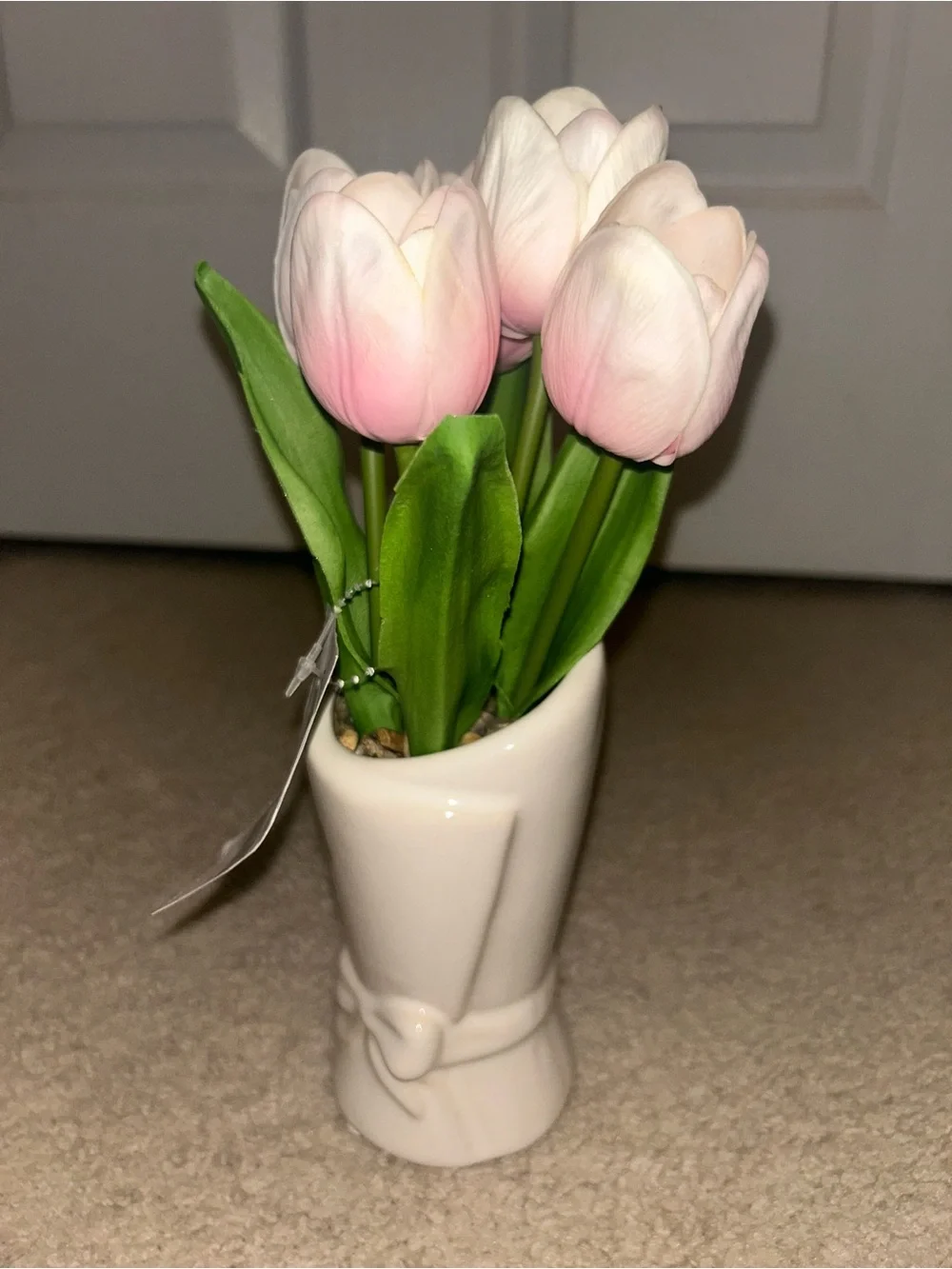 Pink Tulip Faux Floral in White Ceramic Vase Decoration